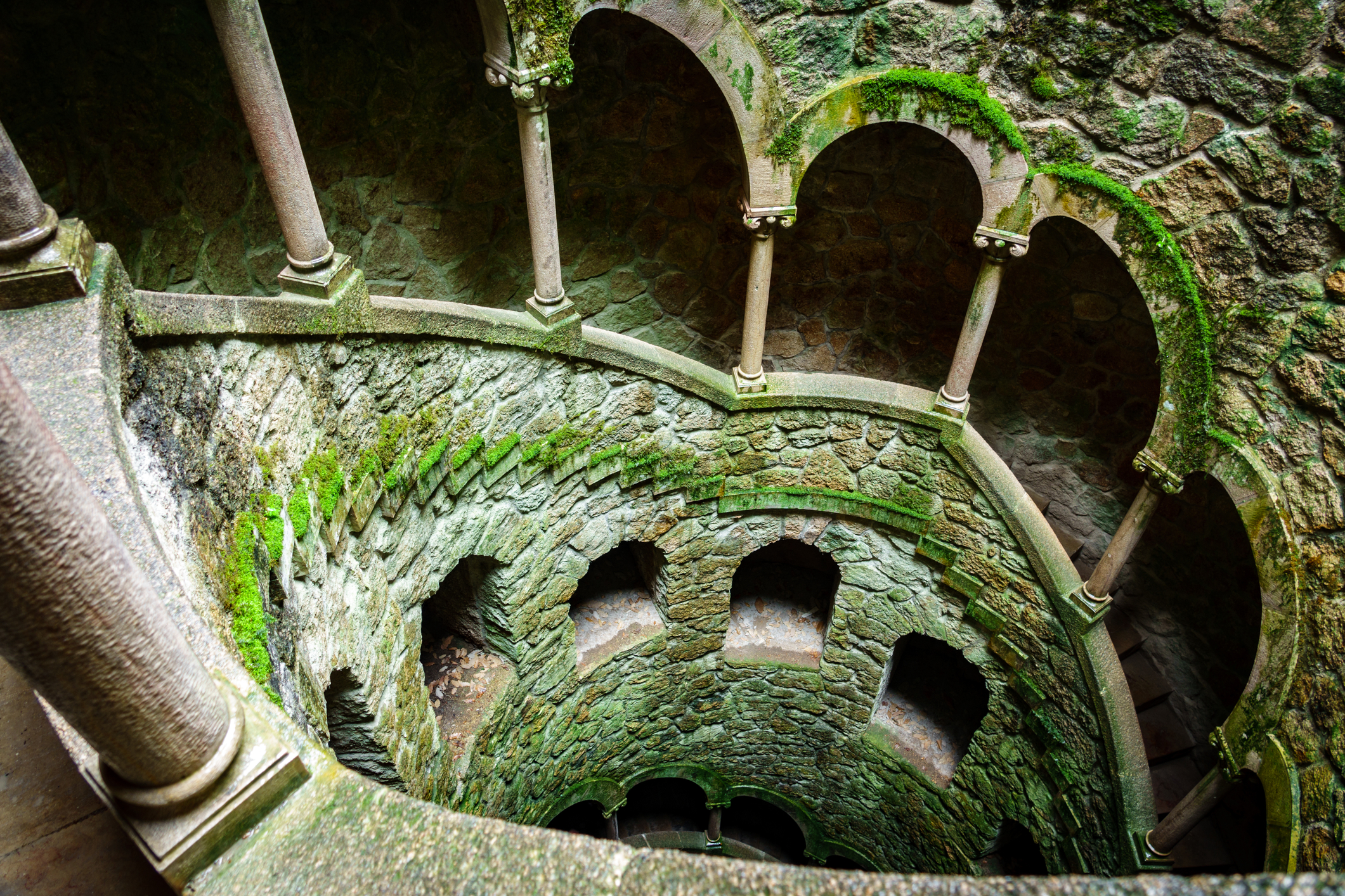 Wide angle top view of the Initiation Well with no tourists in Sintra, Portugal